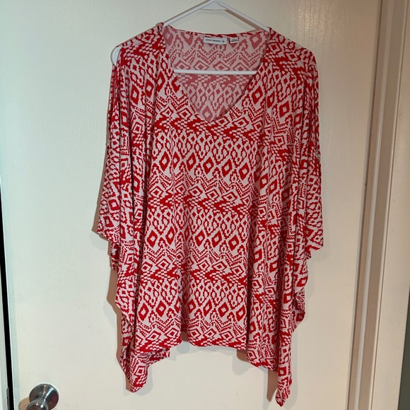 Susan Graver Liquid Knit Printed V-Neck Top with Split Sleeve Large Red White - Picture 1 of 5